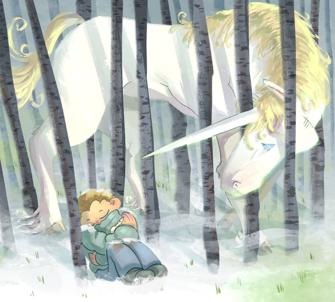 El unicornio, serie Dos mundos: un niño abraza a un unicornio blanco entre abedules en la niebla
