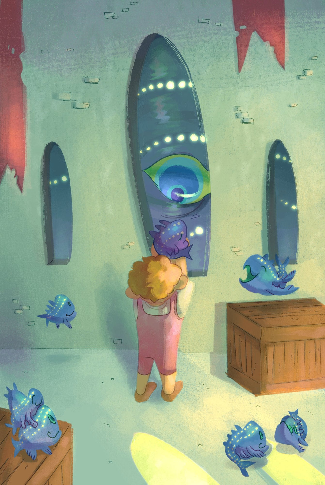 La ventana, serie Dos mundos: una niña mira unas ventanas ovaladas por las que asoman pequeñas criaturas azules
