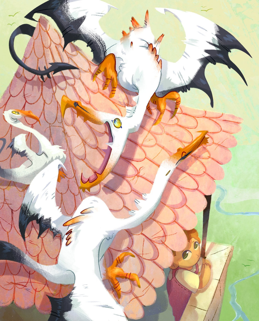 El tejado, serie Dos mundos: dragones alados blancos anidan sobre un tejado rosa mientras un niño los observa